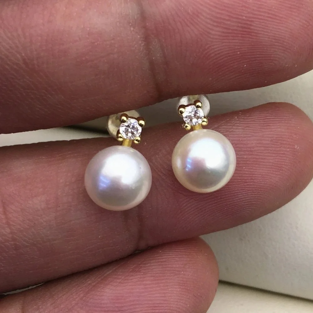 8mm White Cultured Pearl Stud Earrings - 14K Yellow Gold Plate - CZ Accents